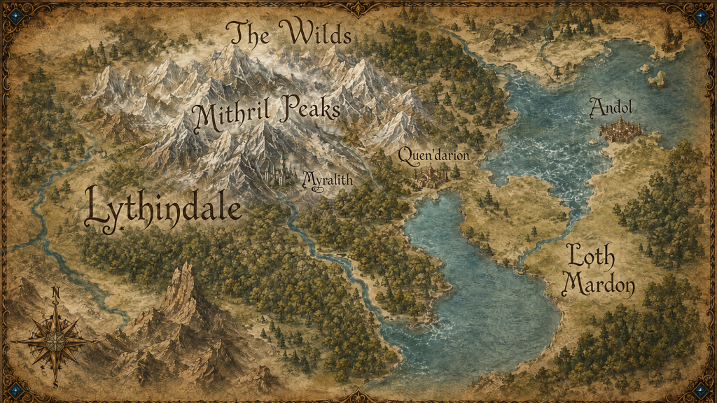 Regional map of Lythindale, the Mithril Peaks, and nearby lands