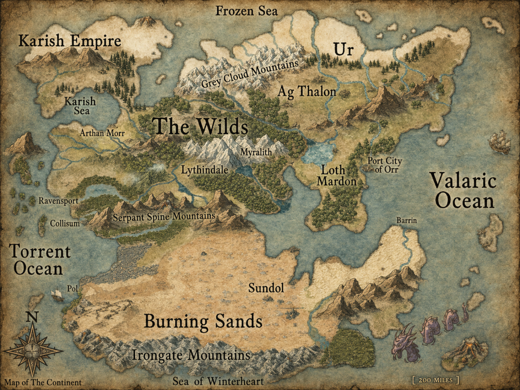 Map of the Continent fantasy setting for Broken Banner Studios